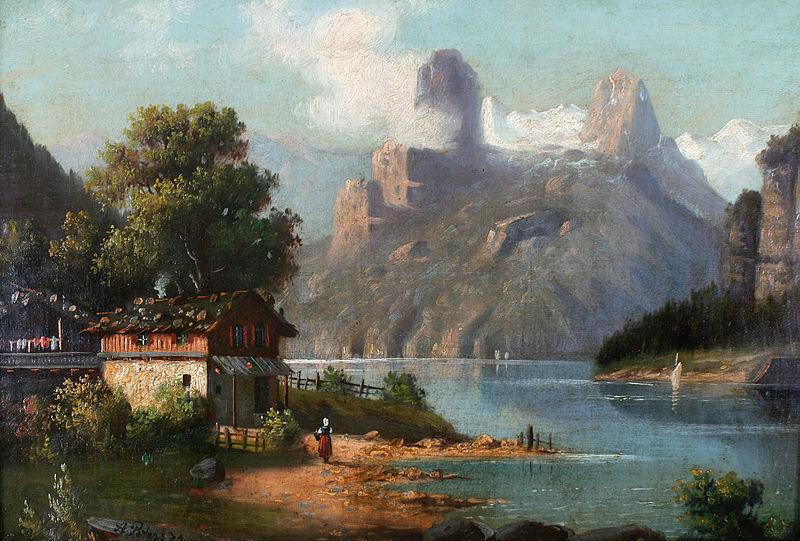 August Peters Cottage with lake and mountains Germany oil painting art